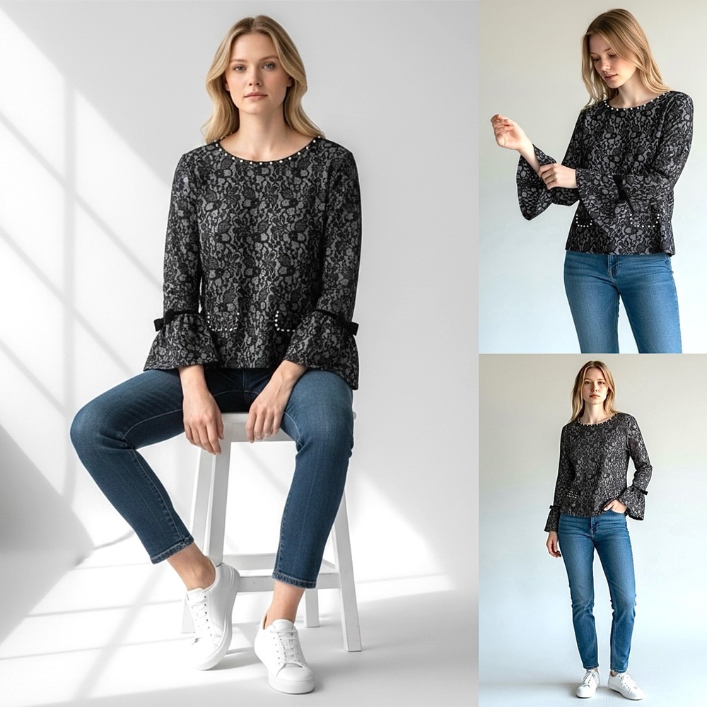 Karl Lagerfeld Paris Top Floral Lace Print Velvet Bow Sleeves Pearls Details Zip